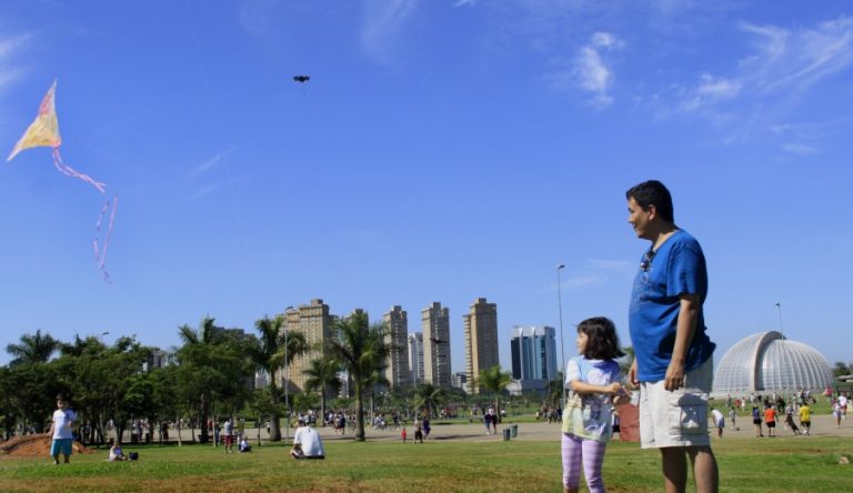 Criança observa com pai uma pipa voando sobre parque